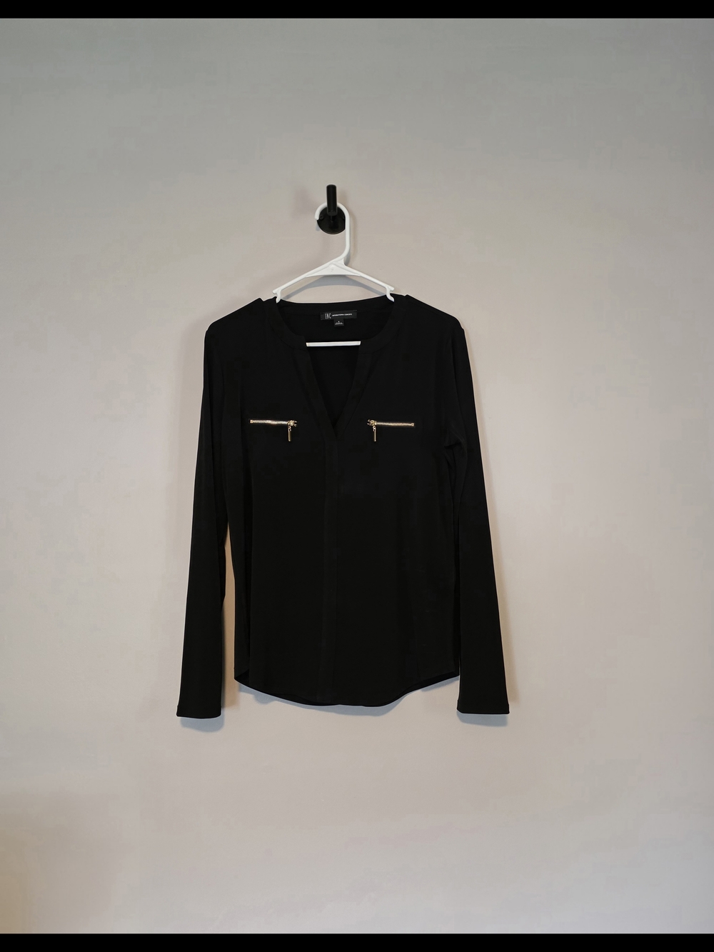 Women's Black Long-Sleeve Button Down Shirt with Gold Zip Pockets